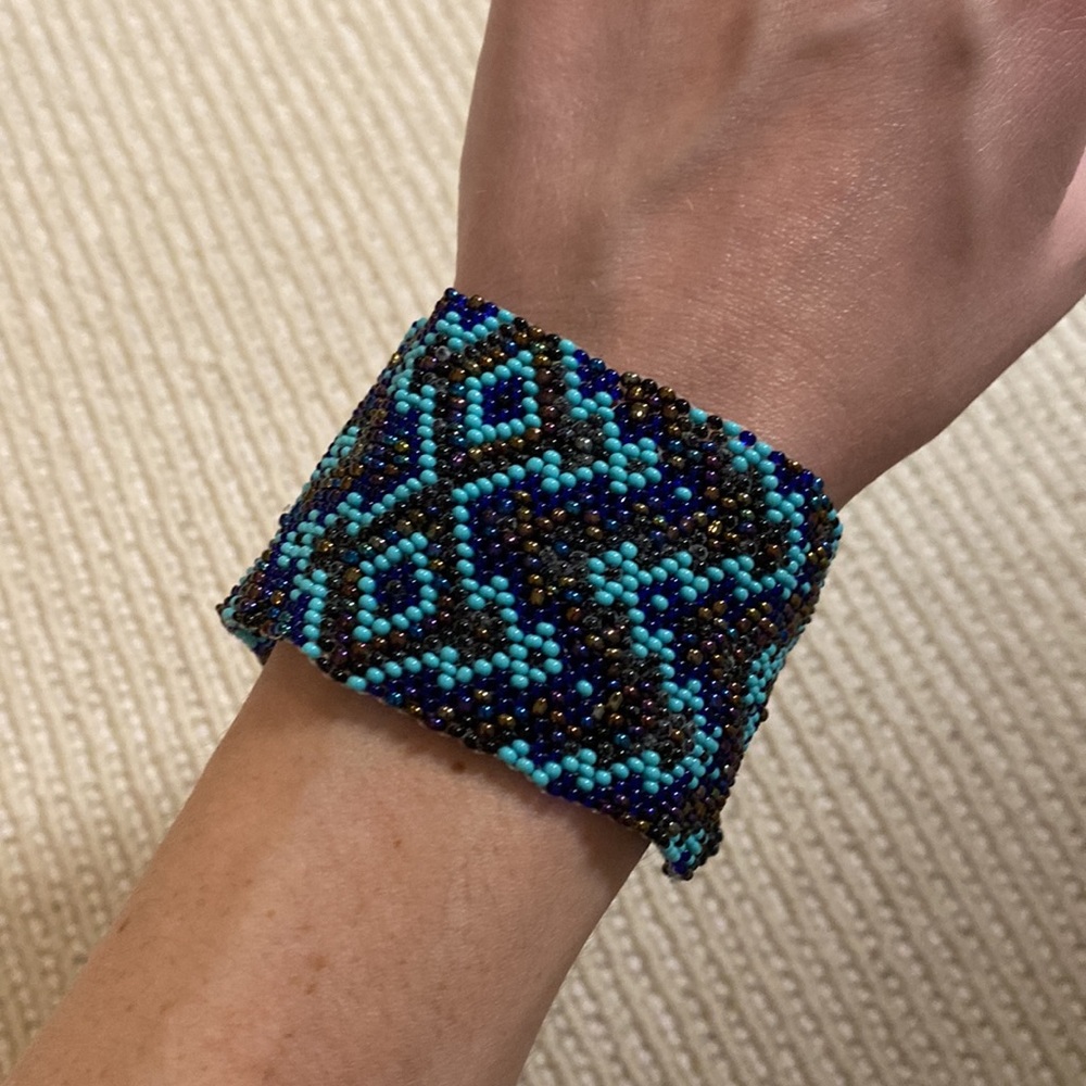 Blue and Brown Beaded Cuff Bracelet
